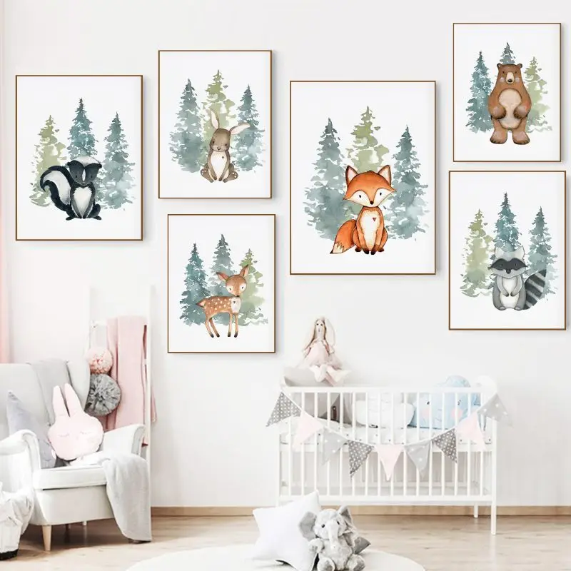 Животные с леса домашний декор холст живопись лиса плакаты оленем и принты милая
