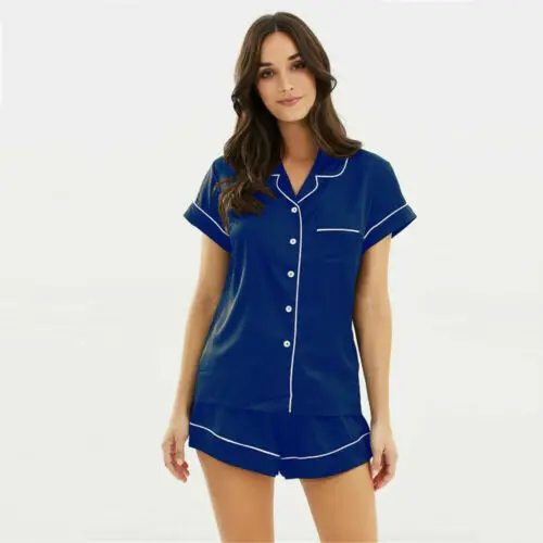 Женский Шелковый Атласный пижамный комплект Повседневная Пижама на пуговицах с