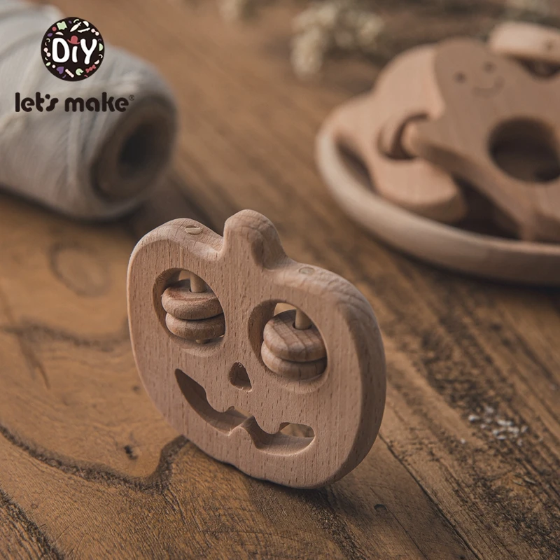 Let's Make-mordedor de madera de haya para beb&eacute;s, juguetes de Halloween, Cr&aacute;neo de calabaza, C&iacute;rculo de dentici&oacute;n, mordedores de madera para reci&eacute;n nacidos, DIY, 5 uds.-4