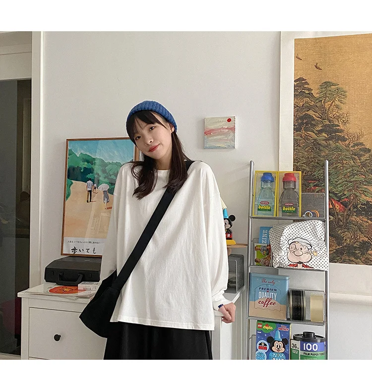 Белая женская футболка с длинным рукавом свободный тонкий осенний Топ | Женская