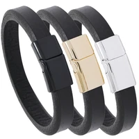 black color genuine leather bracelet simple jewelry alloy magnetic buckle connector simple cuff bangle jewelry gift men women