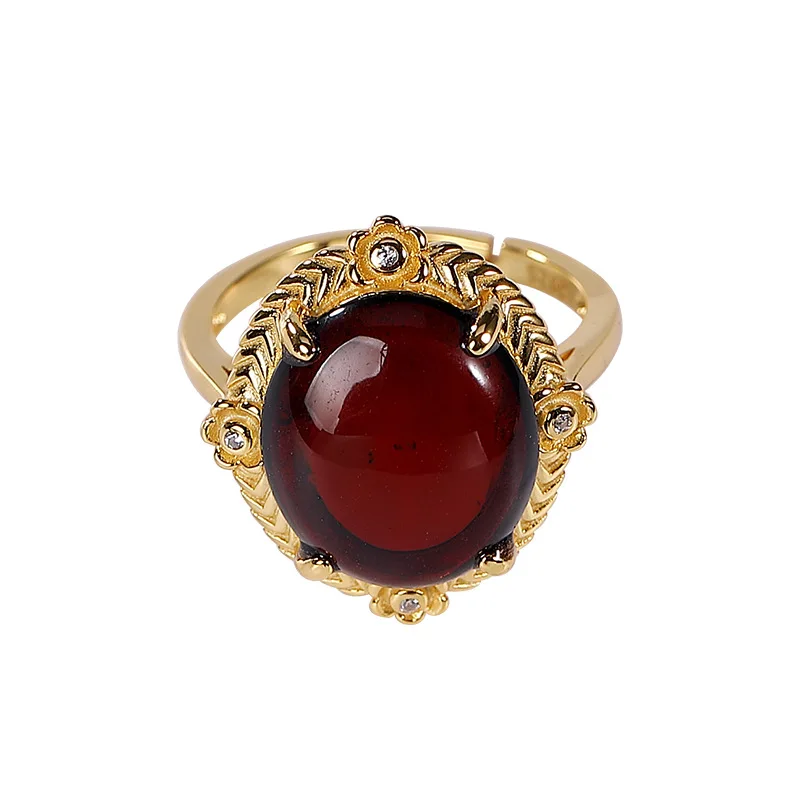 S925 sterling silver gold-plated natural blood amber ring light luxury temperament plum blossom Women's Open ring
