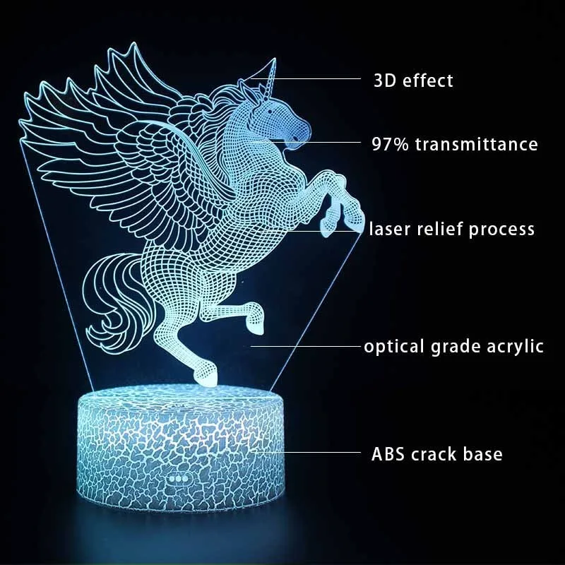 Drop Shipping Pegasus 3D светодиодный ночник сенсорный/дистанционный 16 цветов Настольная