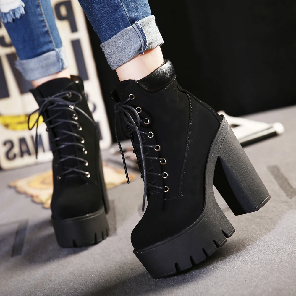 

DORATASIA Office Lady Solid Platform Winter shoelace Boots Casual Daily Boots Women Block Heel Flock Ankle Shoes Woman