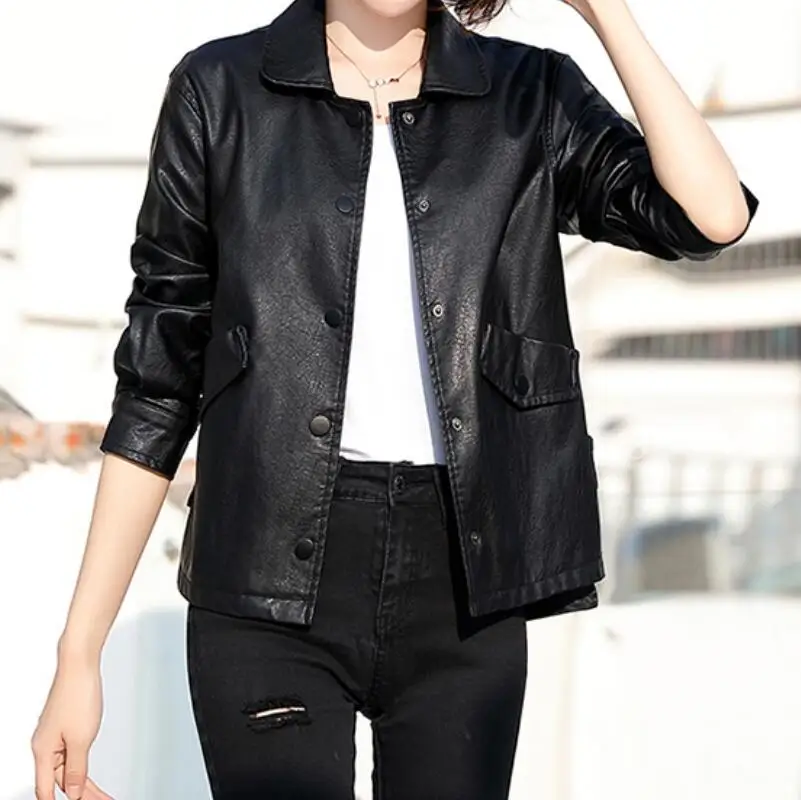 

Spring and Autumn New lapel Collar Women Loose Sheepskin Motorcycle Leather Jacket Trend Female Fashion Casual Coat S-3XL