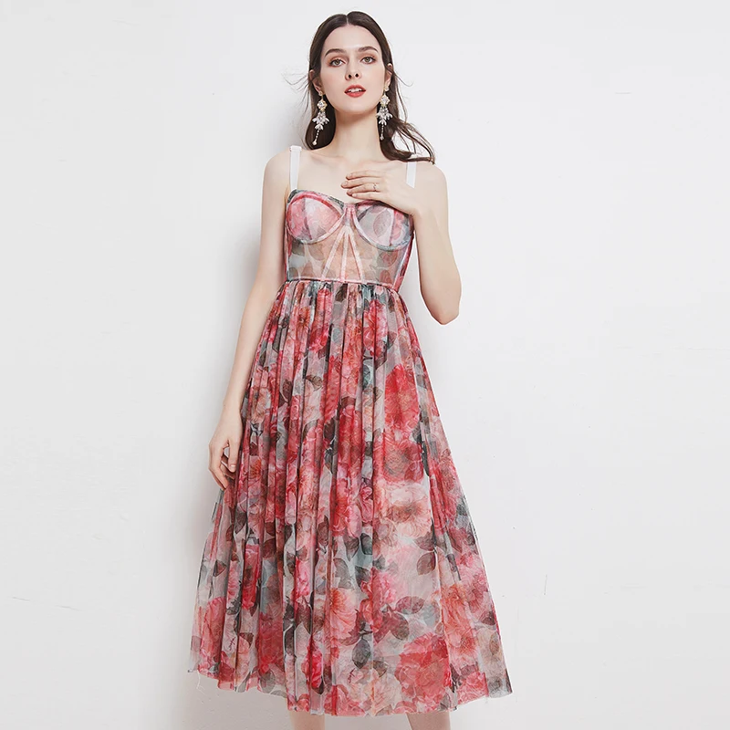 

Женское платье с открытой спиной, Пляжное праздничное платье на бретелях-спагетти с цветочным принтом роз в богемном стиле, без бретелек, ле...