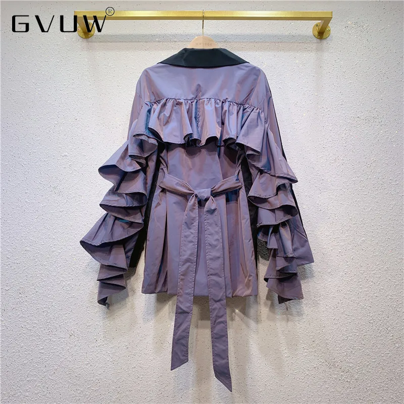 

GVUW Contrast Purple Coat Women's Ruffle Bandage Medium Long Windbreaker Woman spring jacket Fringe