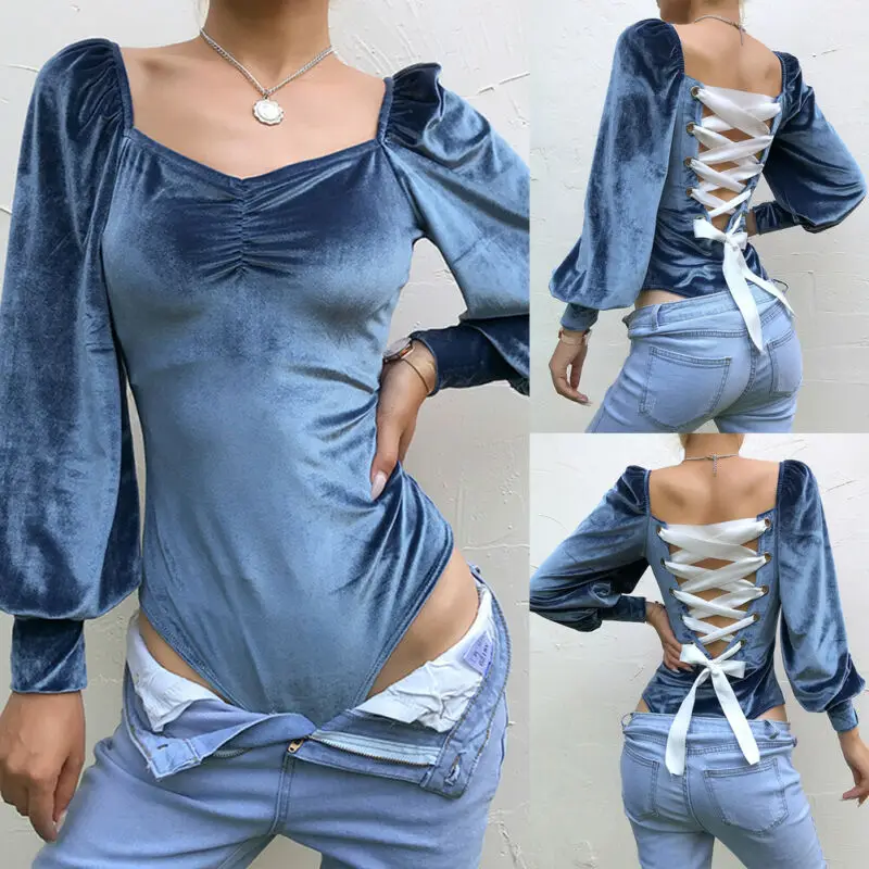 

Women Sexy Bandage Bodysuit Leotard Velvet Puff Sleeve Romper Jumpsuit Playsuit