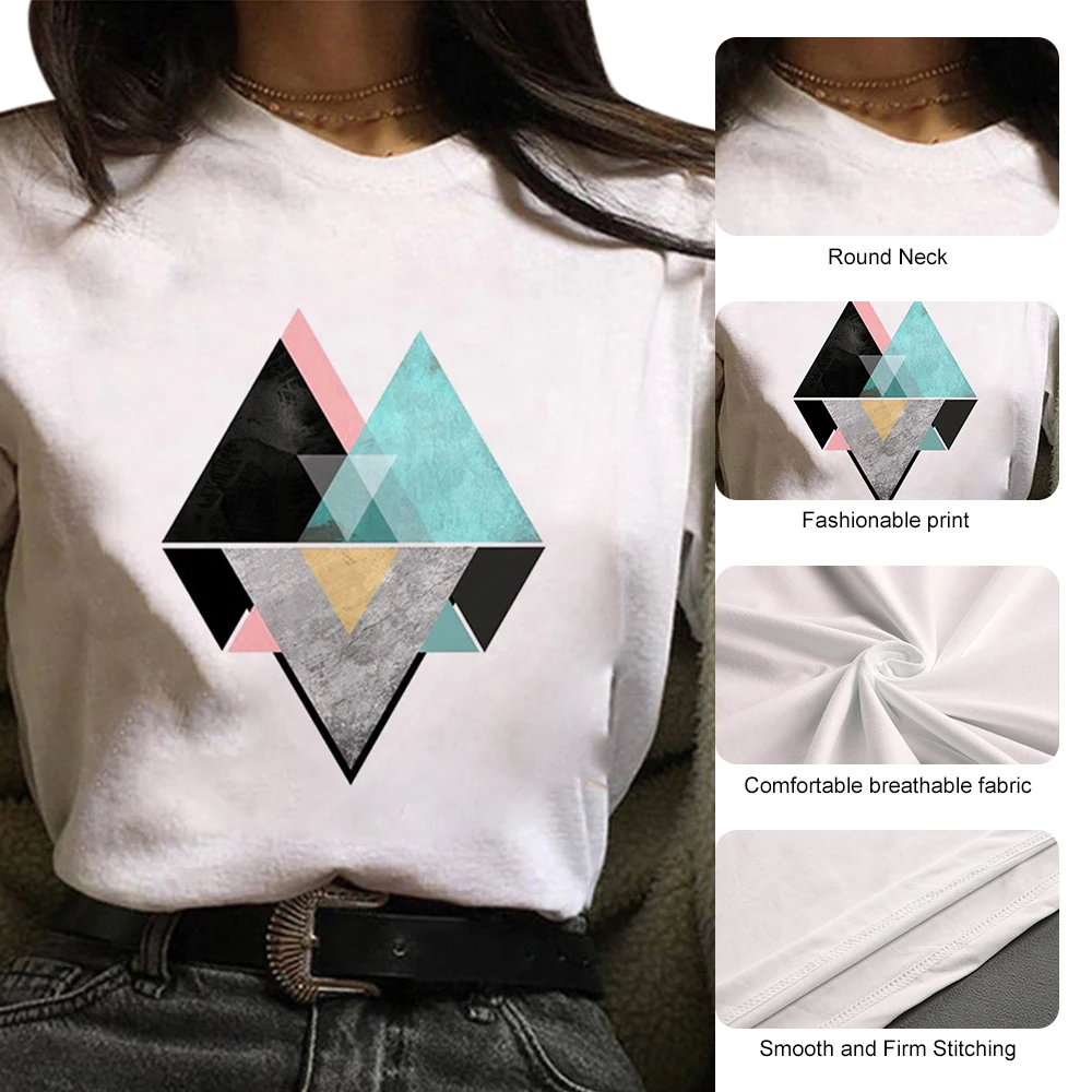 

2021 New Summer Geometry Printed T-shirts Women White Short Sleeve T Shirt Harajuku Y2k Round Neck Tops Tee Female Casual Tshirt