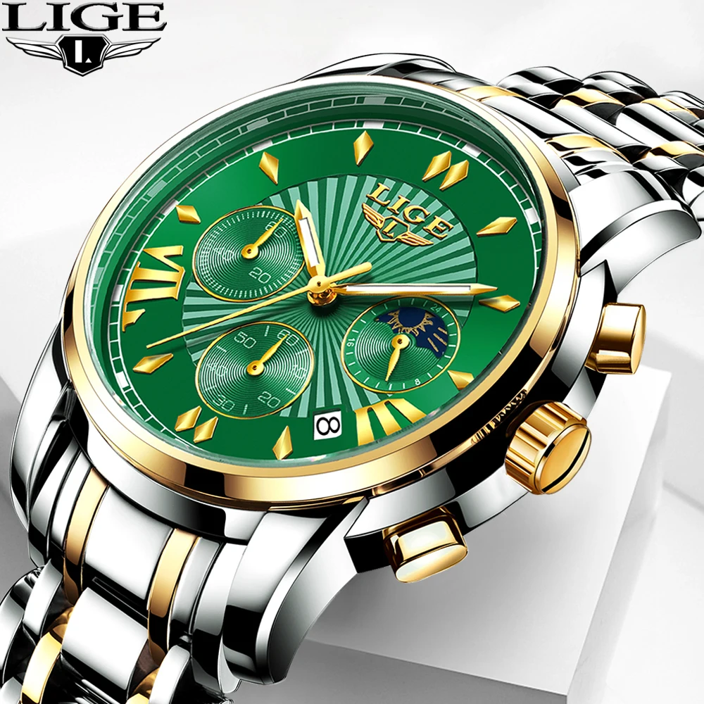 Часы наручные LIGE мужские с хронографом роскошные Брендовые спортивные