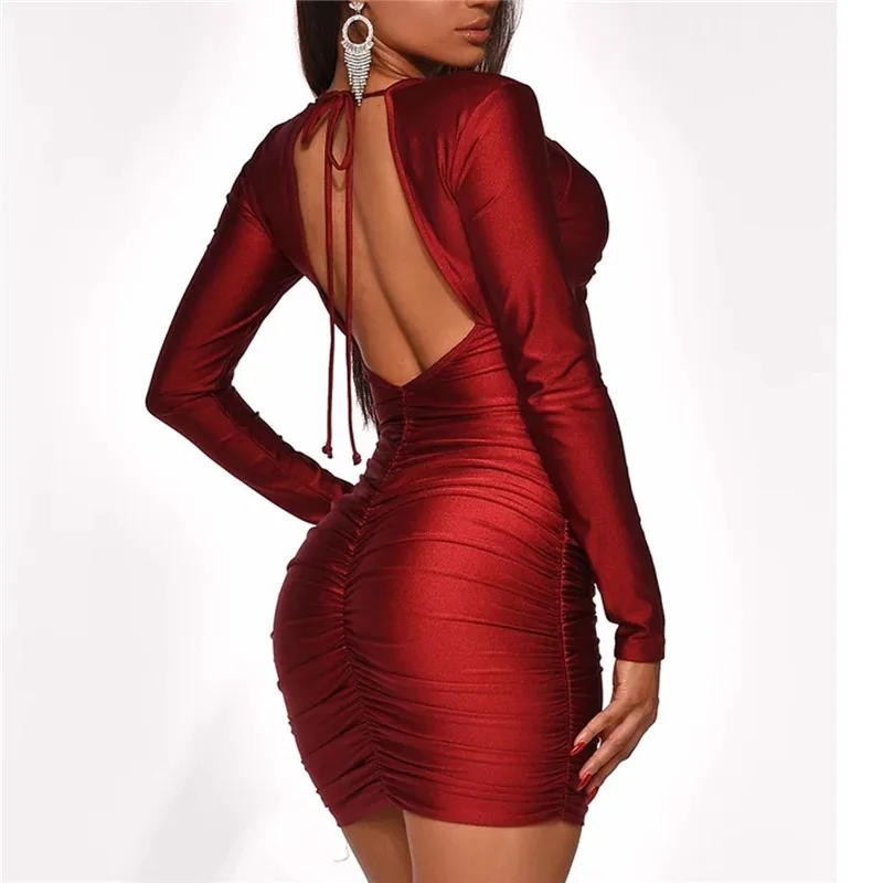 

Spring 2020 Women Backless Sexy Mini Dress Fashion Long Sleeves Square Collar Sheath Dress
