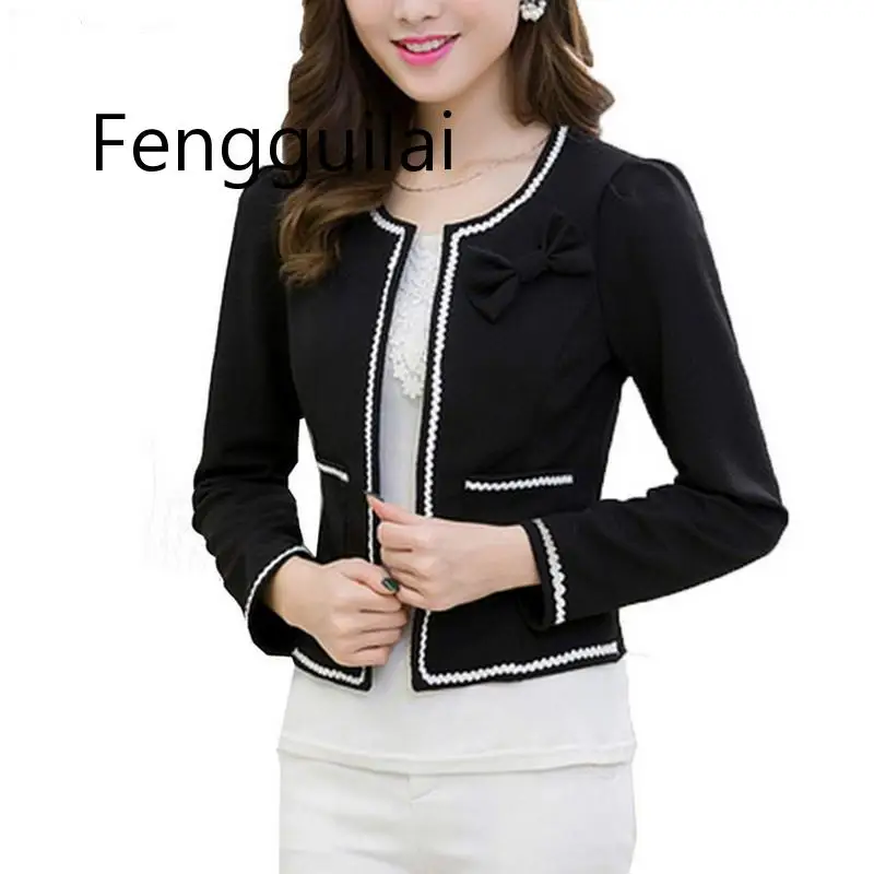 Женские облегающие пиджаки с круглым вырезом длинными рукавами и бантиком