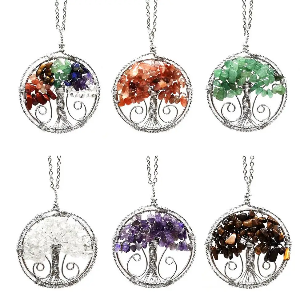 

7 Chakra Quartz Natural Stone Tree Of Life Pendulum Pendant Necklace For Women Healing Crystal Necklaces Pendants Reiki Jewelry