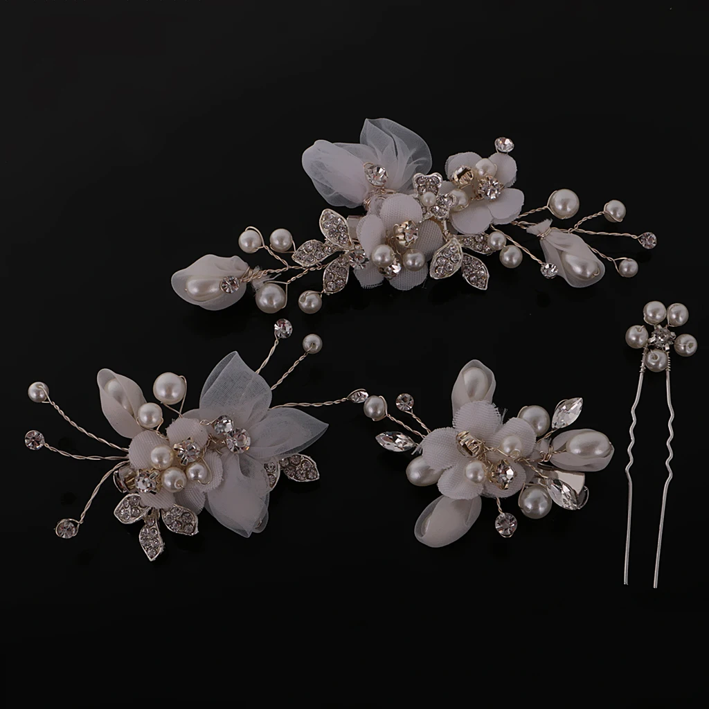 

4pcs Bridal Bridesmaid Women Hairpins Wedding Party Prom Handmade Crystal Pearl Flower Barrettes Metal Hair Pin Clips Headwear