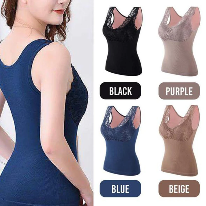 

Women Fleece Lined Underwear Tops Built-in Bra Padded Lace Cami Tank Top Vest Health Care Braces & Supports NShopping