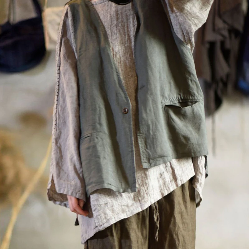 Женский винтажный льняной жилет Johnature повседневный без рукавов с v-образным