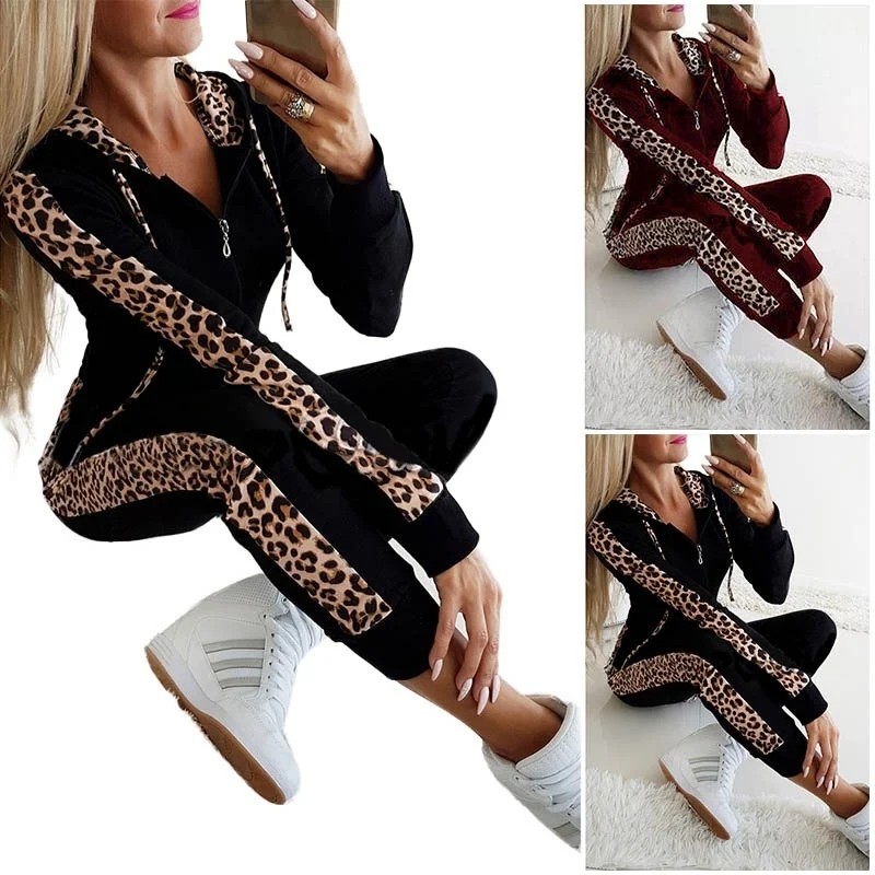 Женские костюмы из 2 предметов с леопардовым принтом длинным рукавом на молнии
