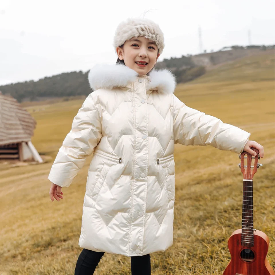 Kids Girls Winter Coat Waterproof Outwear Jackets Snow Wear Big Fur Collar Hooded Children Parkas Outerwear 3 Colors For 3-12Y