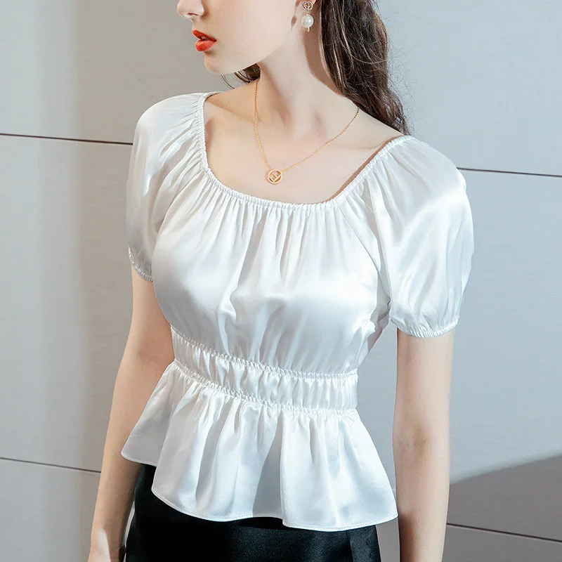 

Silky acetate Satin T-shirt women's summer short sleeve T-shirt French Ruffle waist square neck top