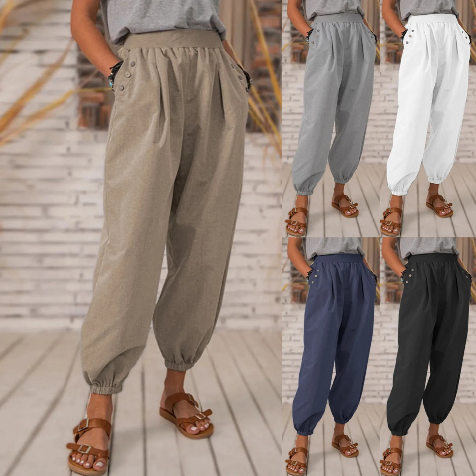 

White Linen Pants For Women Tightness Trousers Pocket Casual Plus Size Pants Drawstring Pleated Stitching Pocket Casual Pants
