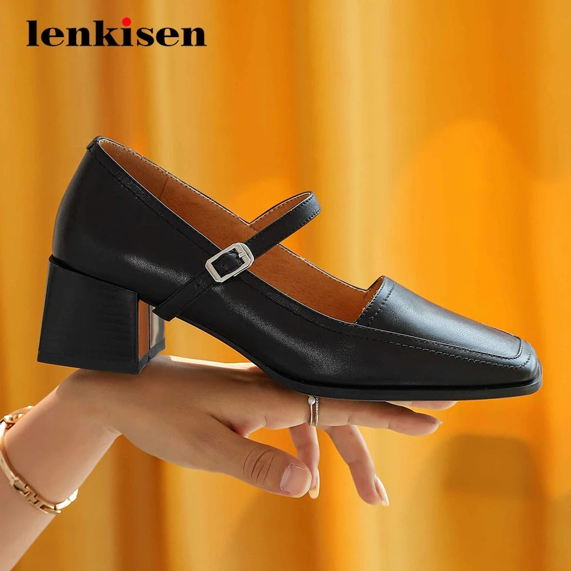 

Lenkisen gladiator full grain leather brand gentlewomen autumn square toe thick high heel buckle strap pretty girls pumps L7f1
