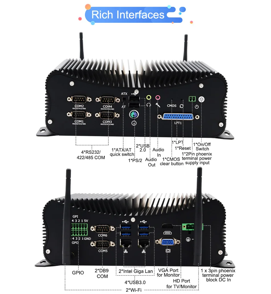 Мини-ПК 10-го поколения без вентилятора Intel I7 10510U I5 10210U Pc 6 * Com 2 lan 8 usb Gpio Lpt для Hdmi Vga