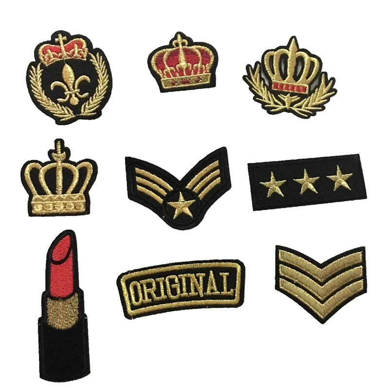 

1 Set (9pcs) Small Gold Star Crown Bud Embroidered Iron on Patches for Clothes Shoes Navy Badge Embroidery Appliques Sewing DIY