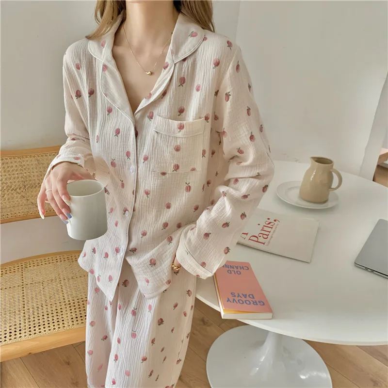 

100% cotton long sleeve homewear cute sweet peach print pajama set new pants loungewear spring autumn sleepwear 2 piece set L311