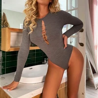sexy long sleeve bodysuit grey 2021 women spring fall solid ribbed slim fit indie female hollow out y2k rompers bodycon clubwear
