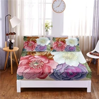 retro flowers digital printed 3pc polyester fitted sheet mattress cover four corners with elastic band bed sheet pillowcases