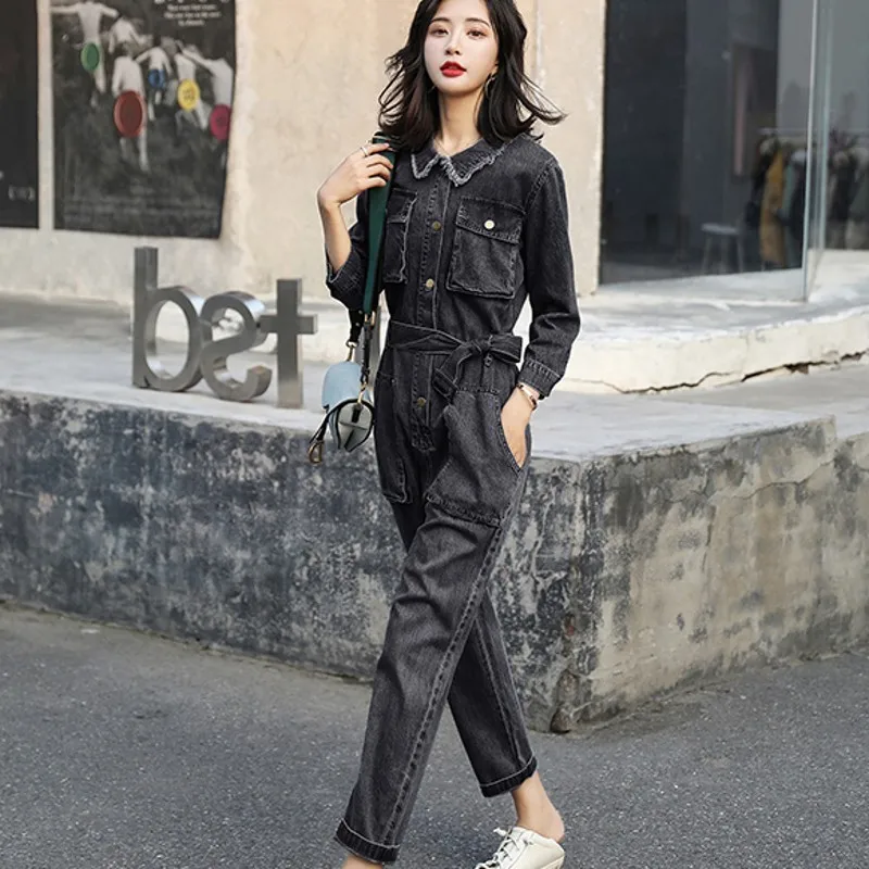 Осенняя мода корейский пояс карманы Женские карго Комбинезоны Винтаж Высокая