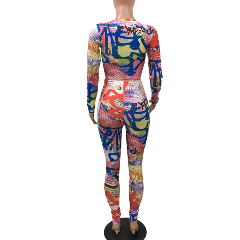 

Bodycon Two Piece Set Streetwear Women Sexy Club Top And Pants O Neck Long Sleeve Outfits Set Spring Summer Print Beachwear