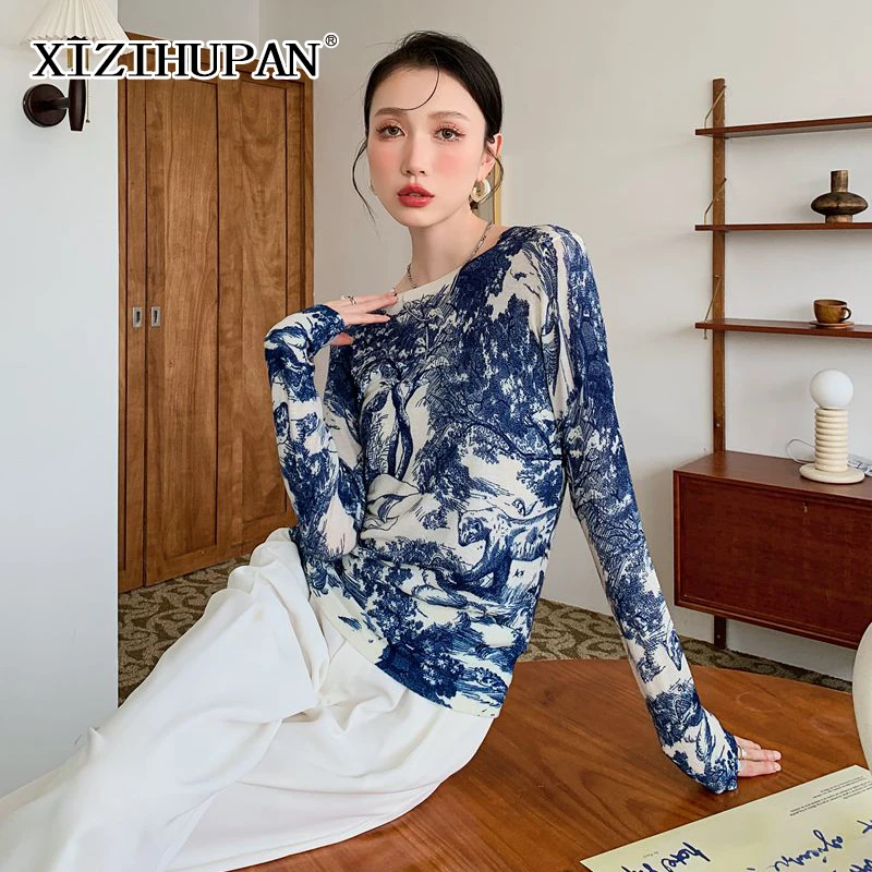 

XIZIHUPAN Floral Print Knitted T Shirt For Woman Round Neck Long Sleeve Colorblock Loose Top Women 2021 Autumn Fashion Clothing