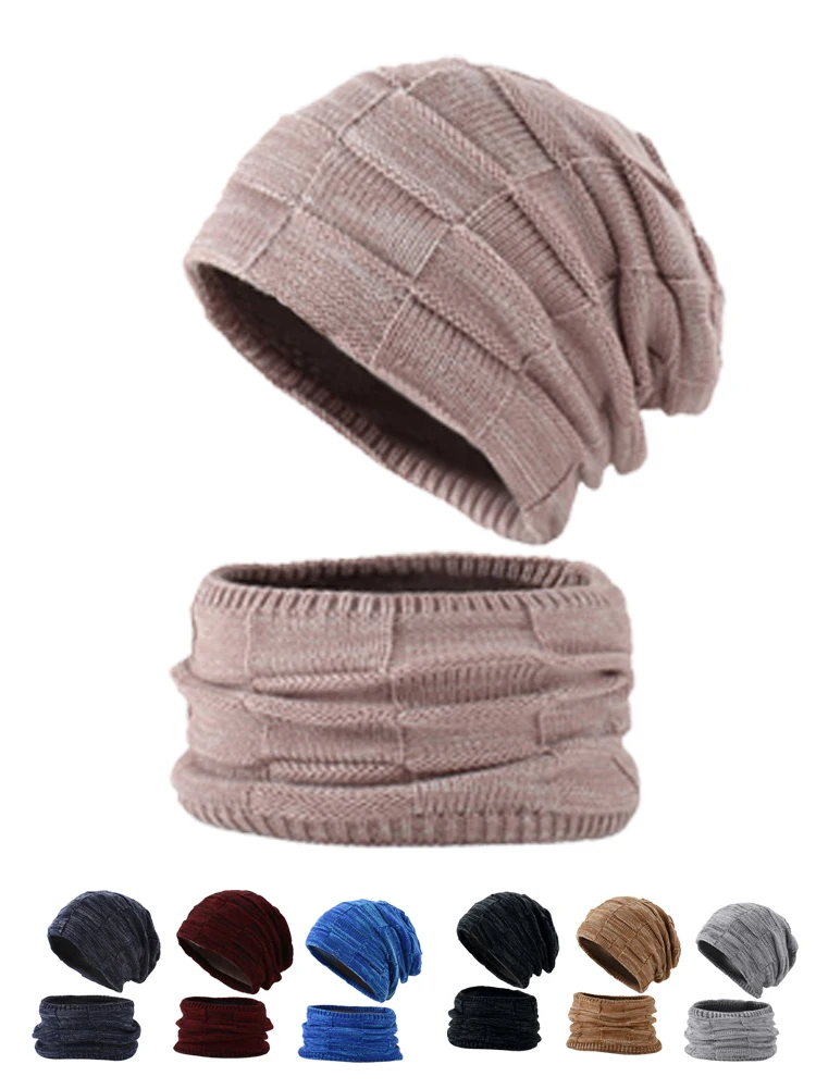 

Winter 2-Piece Hat and Scarf Set for Men Women Knitted Beanie Hat Neck Scarf Winter Warm Solid Skull Collar Set Accessories