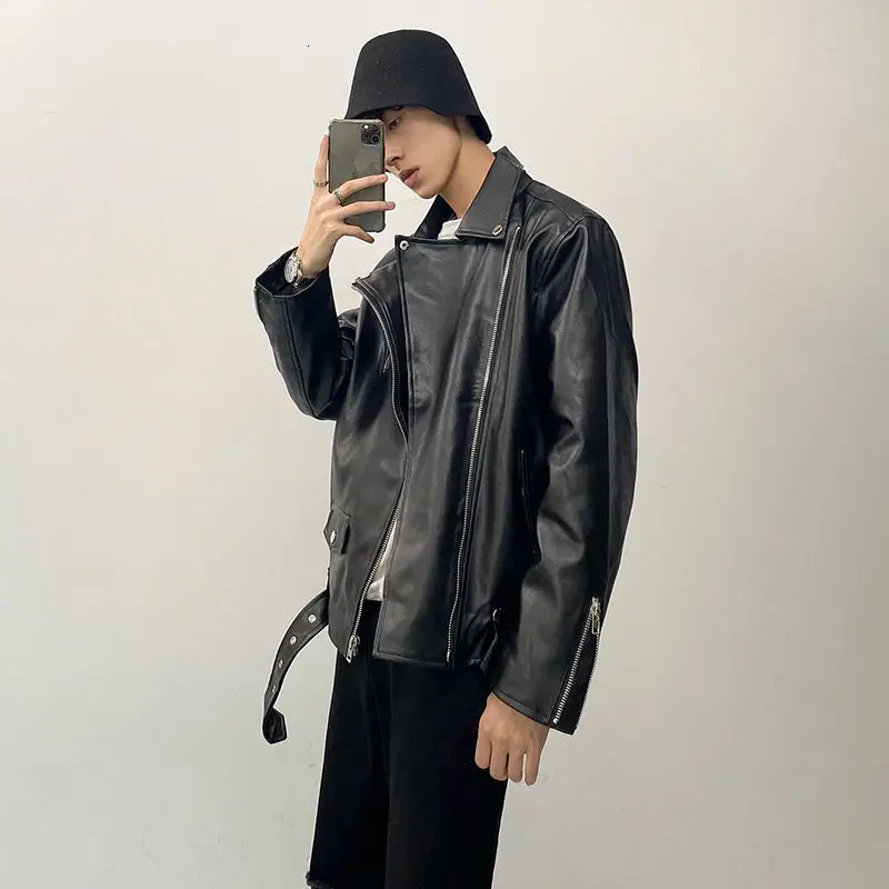 

2020 Autumn And Winter New Youth Popular Men's Pure Color Handsome Shiny Skinny Leather Jacket Fashion Casual Lapel Top Black