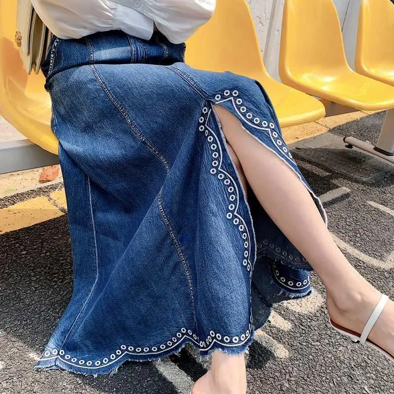 Длинная джинсовая юбка с вышивкой, модная свободная повседневная юбка макси из денима с завышенной талией, юбка-трапеция с разрезом от AliExpress RU&CIS NEW