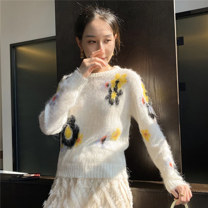 

Runway Casual Flower Jacquard Knitted Sweater Pullovers Women Mohair O-Neck Autumn Sweater Jumper Ladies Winter Top Pull Femme