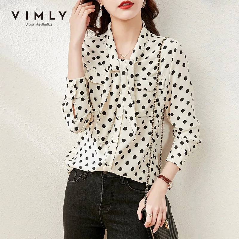 

Vimly Vintage Shirt For Women Spring New Dot Printed Bow Neck Full Sleeve Single Breasted Loose Blouse Women Tops F6212