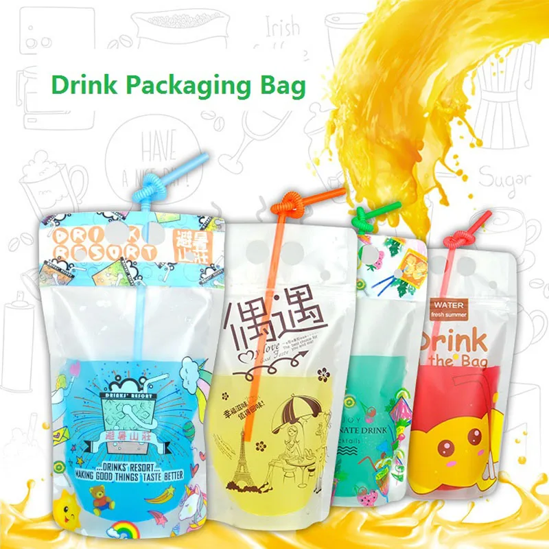 

500ml Cute Design Stand Up Plastic Drink Packaging Bag Pouch for Beverage Water Juice Milk Coffee, with Hole Handle 500pcs/lot