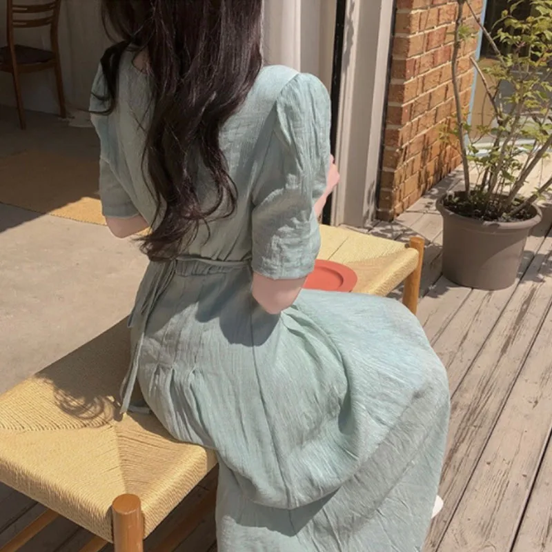 2021 elegante cuello en V diseño plisado sentido Vintage manga Puff de chifón de vestidos de una pieza de moda coreana vestido de mujer de verano