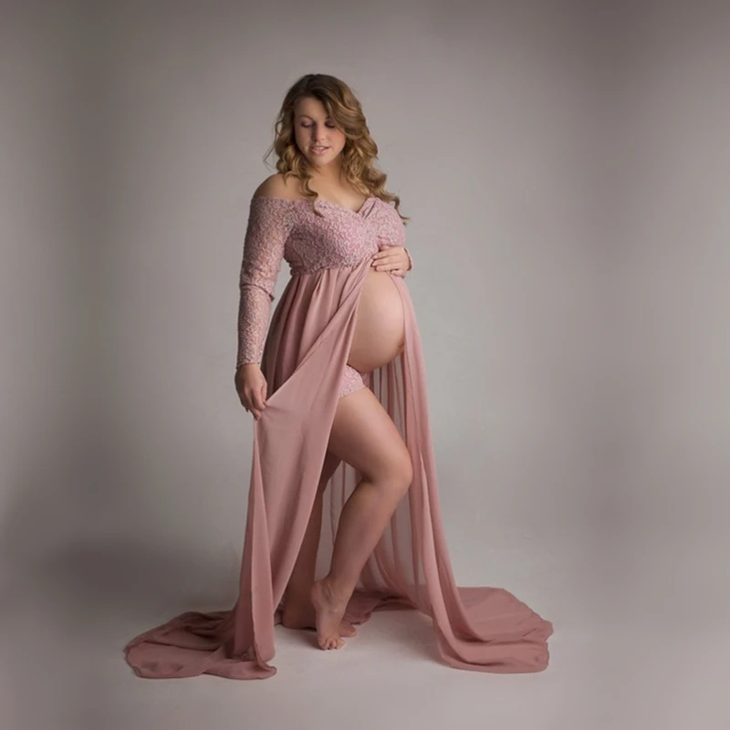 

Dusty Pink Long Chiffon Maternity Photography Dress Sweet Heart Maternity Lace Dresses For Photo Shoot Slit Open Pregnancy Dress