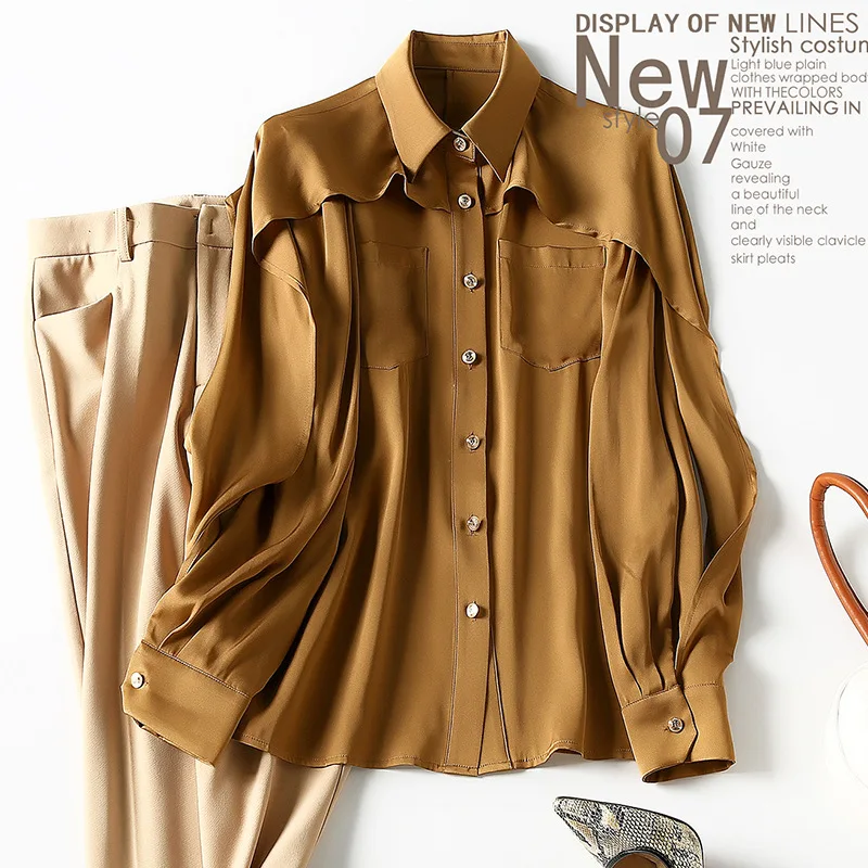 100% шелковая блузка черная рубашка Женский Топ с длинным рукавом Женские топы и