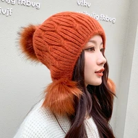 winter knitted plush ball caps new style cute women fashion pure color thicken warm ears protection coldproof high quality cap