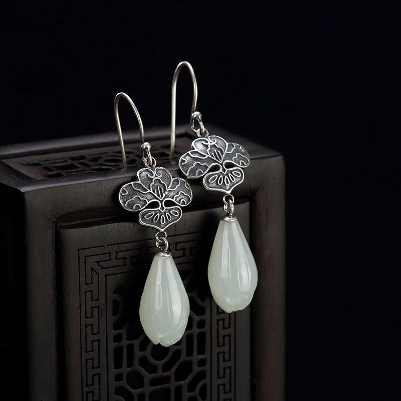 

Natural 925 sterling silver lotus inlaid hetian white jade orchid earrings jewelry simple individuality for women earings