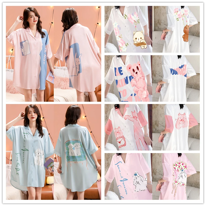 

Women's Nightgown Button Sleepshirt Satin Chiffon Pajamas Ladies Loose Big Shirt Dress Printed Cartoon Nightdress Cute Homewear