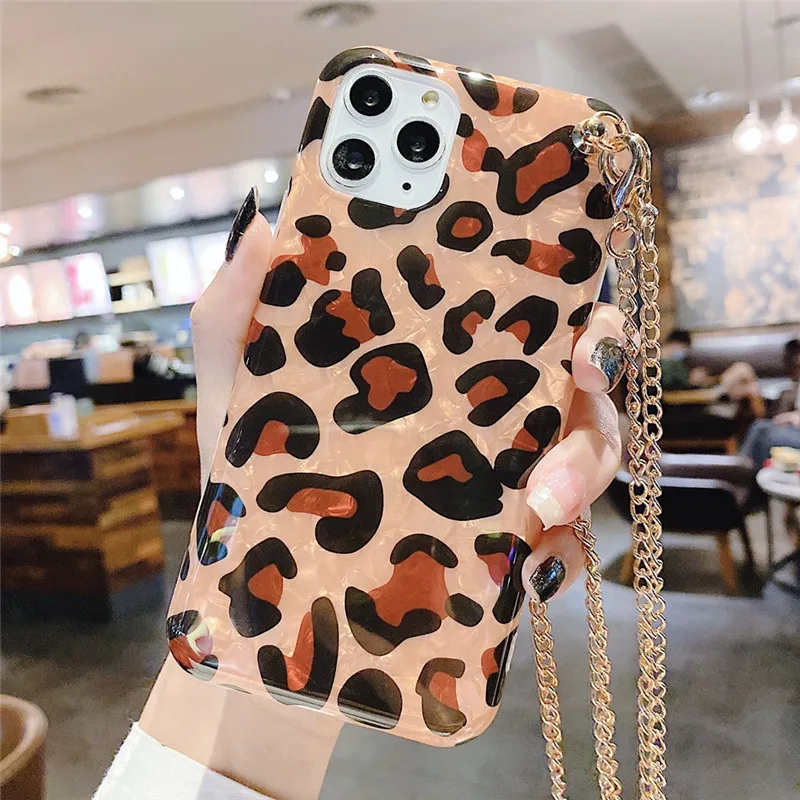 

Hanging Chain Leopard Phone Case For Samsung Galaxy S21 Note 20 10 S20 Ultra 9 8 S10 S9 Plus Glossy Silicone Back Cover