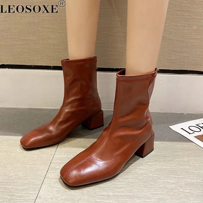 

Ankle Boots Women Casual Block Heels Waterproof Boots Women Soft Leather Women's Ankle Boots Short Shoes Booties Woman