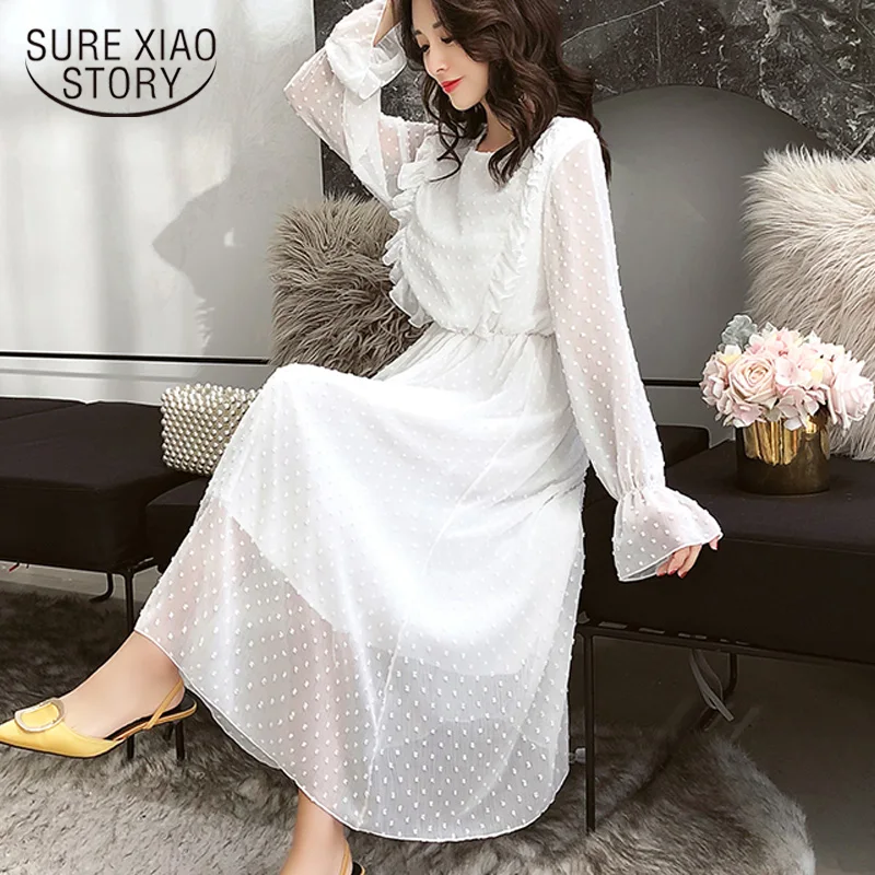 Женское шифоновое платье в горошек длинное платье-трапеция с оборками и