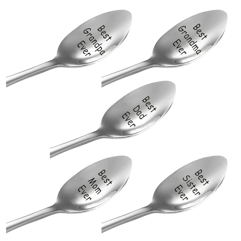 

Fashion Silver Stainless Steel Smooth Carved Best Familry Ever Spoon Ice Cream Coffee Teaspoon Long Handled Kitchen Accessories
