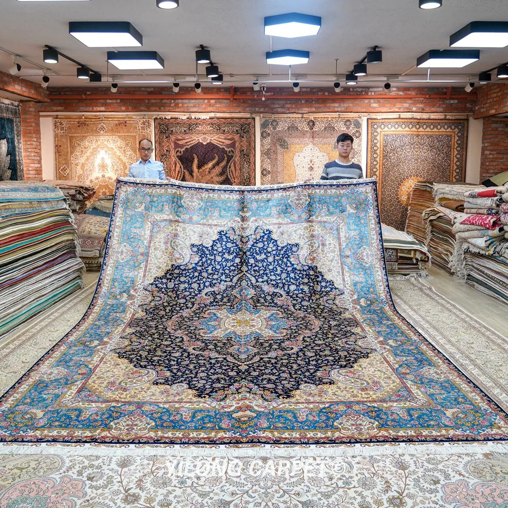 Восточные шелковые коврики Yilong 10 'x 14' персидский медальон большой синий